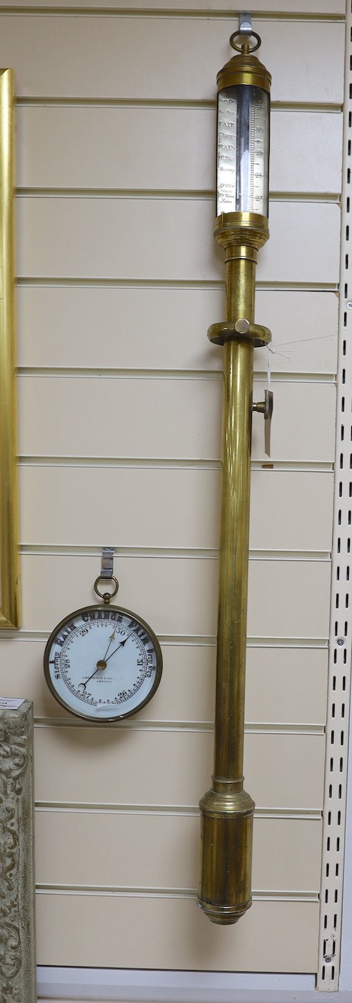 A marine stick barometer and an aneroid barometer, stick barometer 90 cms high.